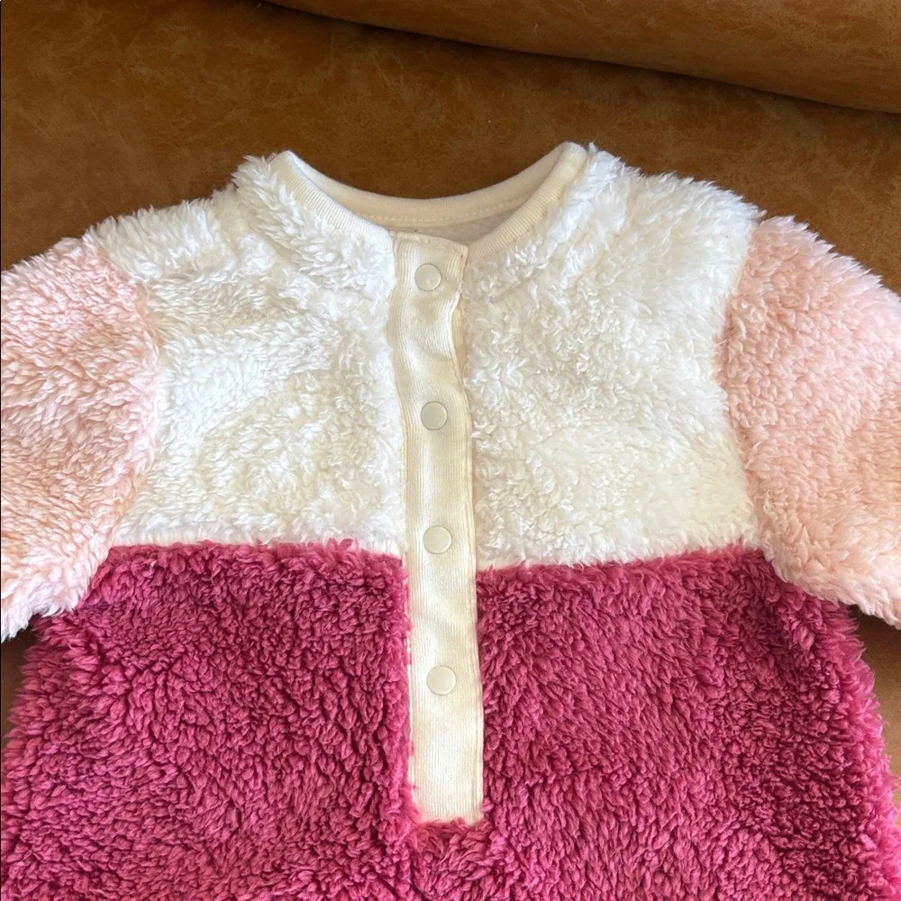 New! Cat & Jack Pink and White Fuzzy Footie - Size 0 to 3 months